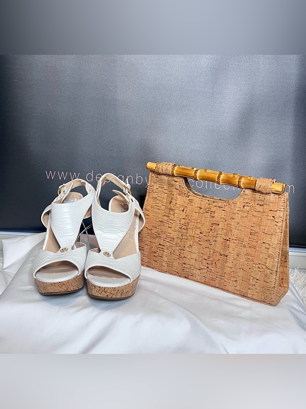 Guess White Platform Cork Wedge Sandals with Matching Cork Purse